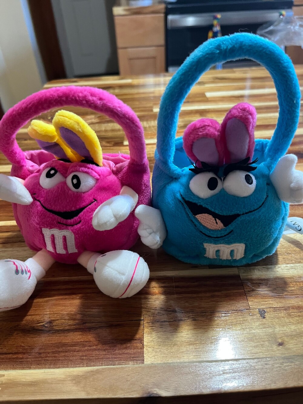 M&M's Plush Easter Basket Set; Pink and Blue Bunny Ears Candy Holder